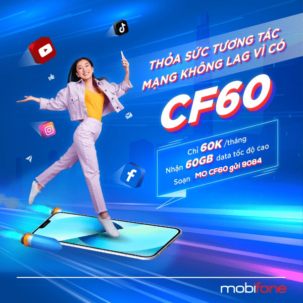Đăng ký gói CF60 Mobifone miễn phí 60GB, gọi thoại, SMS
