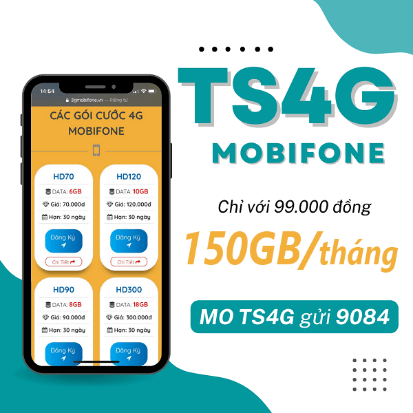Đăng ký gói TS4G Mobifone ưu đãi 150GB data chi 99k/tháng
