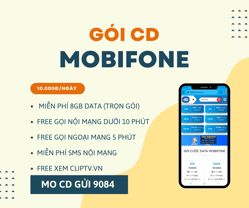 Đăng ký gói CD Mobifone trọn gói 8GB data, miễn phí gọi thoại cả ngày