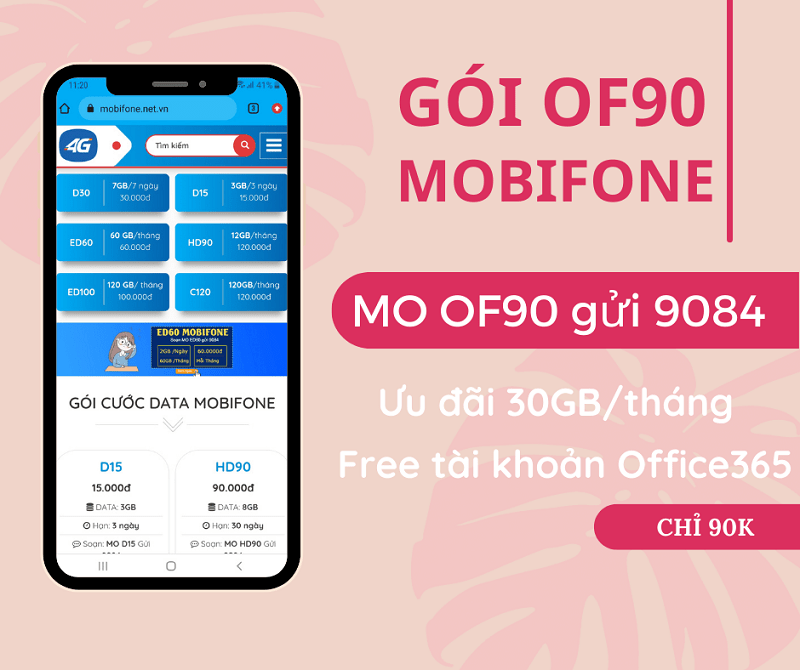 Đăng ký gói OF90 Mobifone miễn phí 30GB data và 1 tài khoản Office365