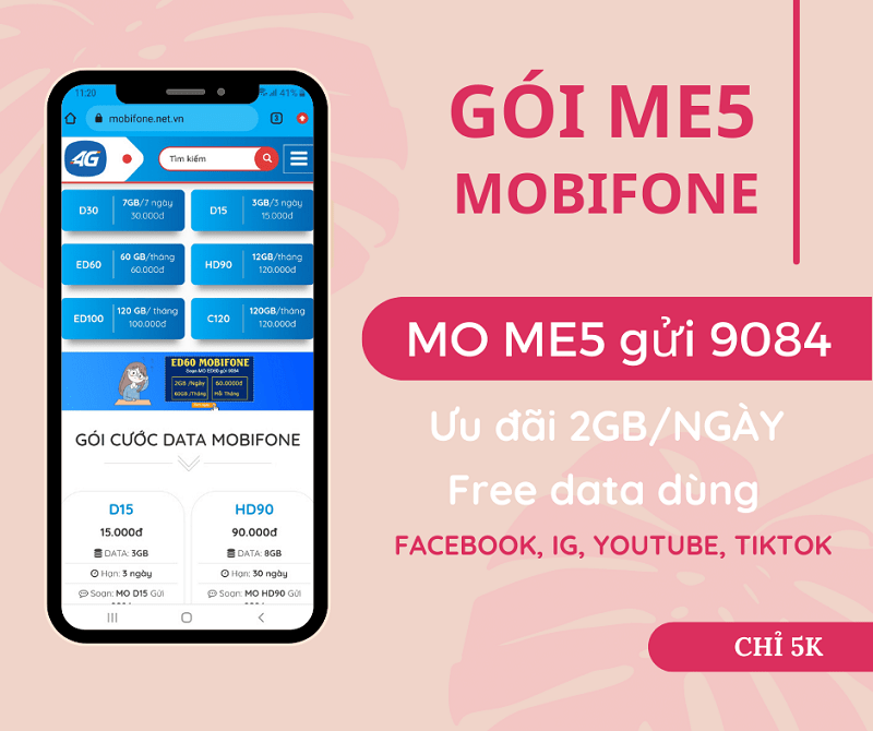 Đăng ký gói ME5 Mobifone ưu đãi 2GB/ngày, miễn phí data dùng MXH