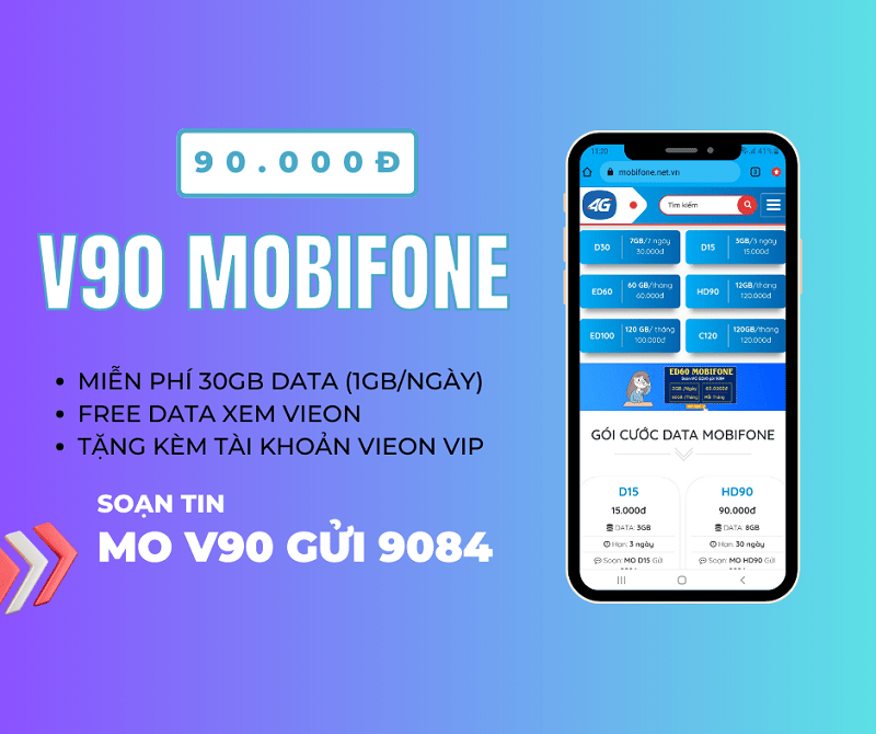 Đăng ký gói V90 Mobifone ưu đãi 30GB, miễn phí data xem VieON