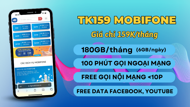 Đăng ký gói TK159 Mobifone miễn phí 180GB, gọi thoại và data dùng Facebook, Youtube
