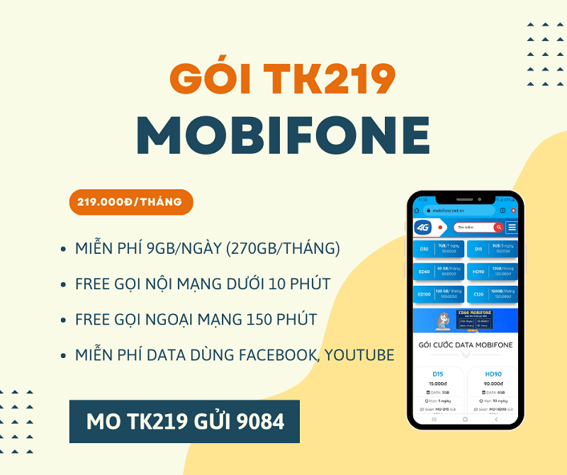 Đăng ký gói TK219 Mobifone có ngay 270GB, miễn phí gọi, miễn phí dùng Facebook, Youtube