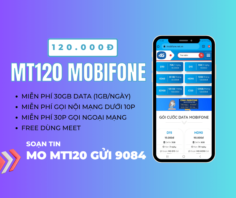 Đăng ký gói MT120 Mobifone ưu đãi 30GB, free gọi + data MEET